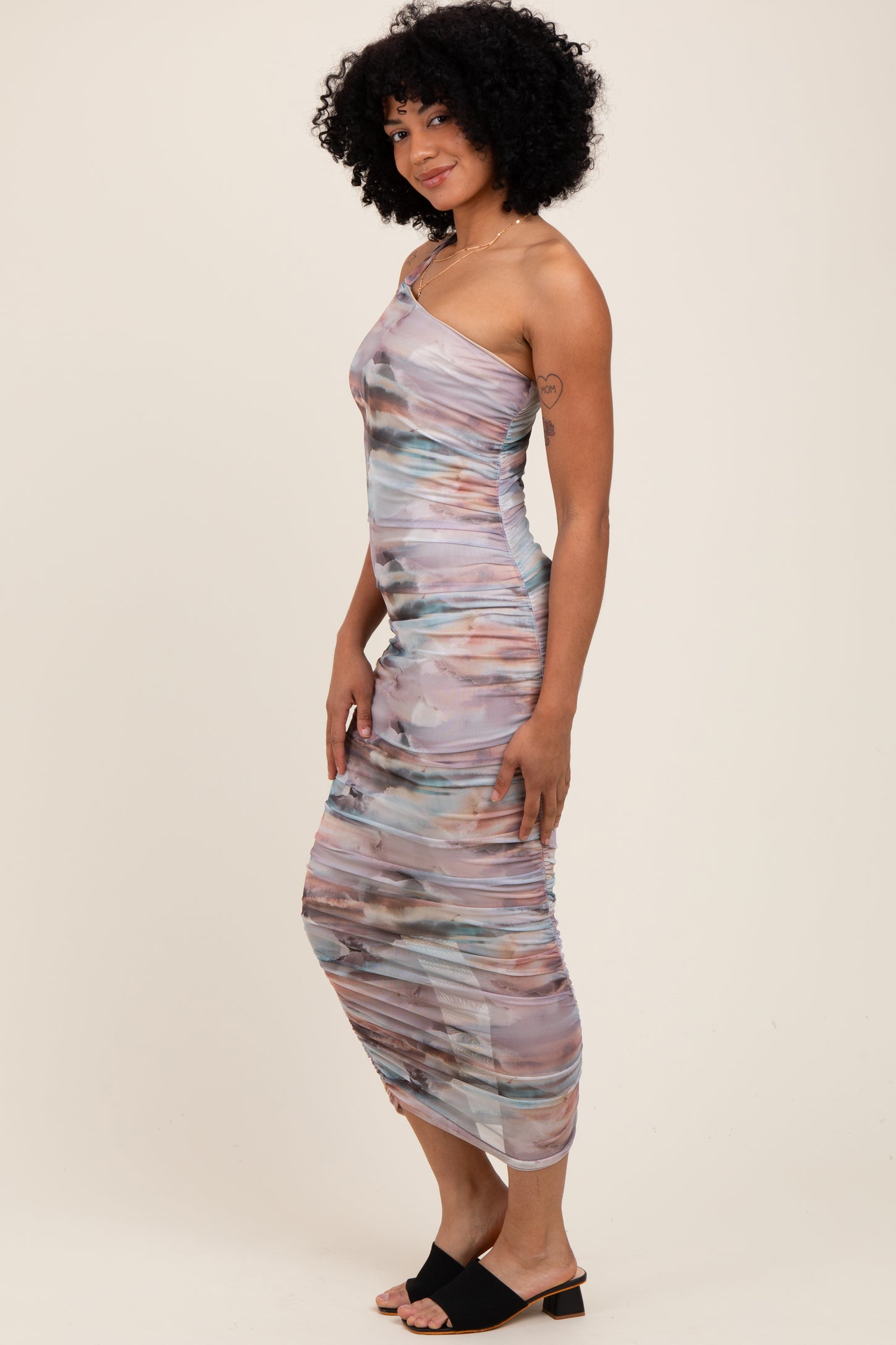 mesh multicolor dress Elegant Plus Size Multicolor Floral Print Mesh Maxi Dress With V-Neck And Puffed Sleeves