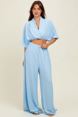 Blue Crop Blouse Wide Leg Pant Set