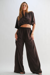 Brown Crop Blouse Wide Leg Pant Set