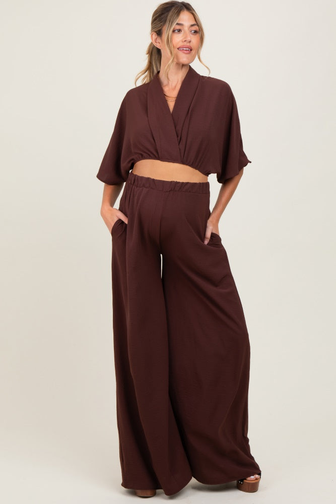 Brown Crop Blouse Wide Leg Pant Maternity Set