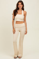 Cream Textured Rib Crop Tank Flare Leg Pant Set