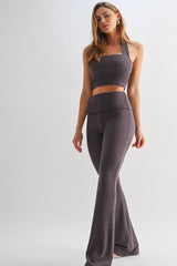 Purple Textured Rib Crop Tank Flare Leg Pant Set