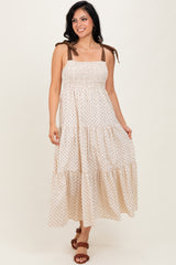 Cream Polka Dot Tiered Shoulder Tie Midi Dress