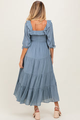 Light Blue Smocked Ruffle Detail Tiered Maternity Midi Dress
