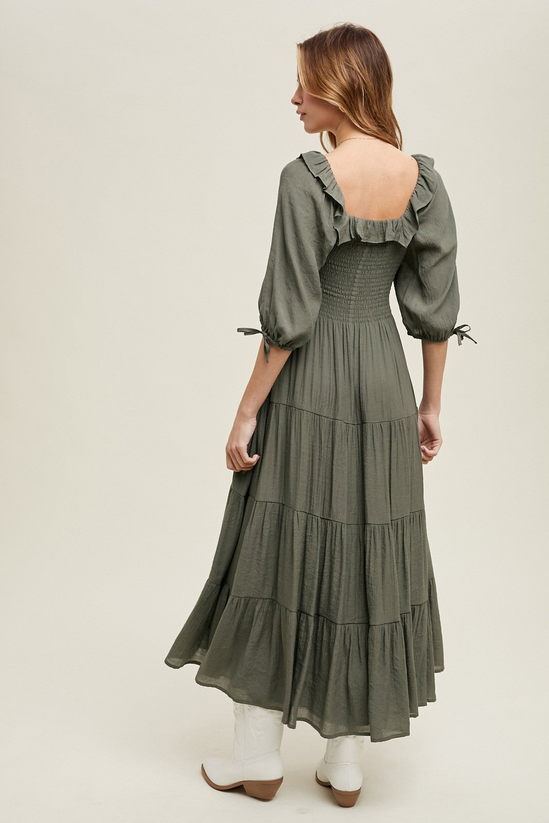 Olive Smocked Ruffle Detail Tiered Midi Dress