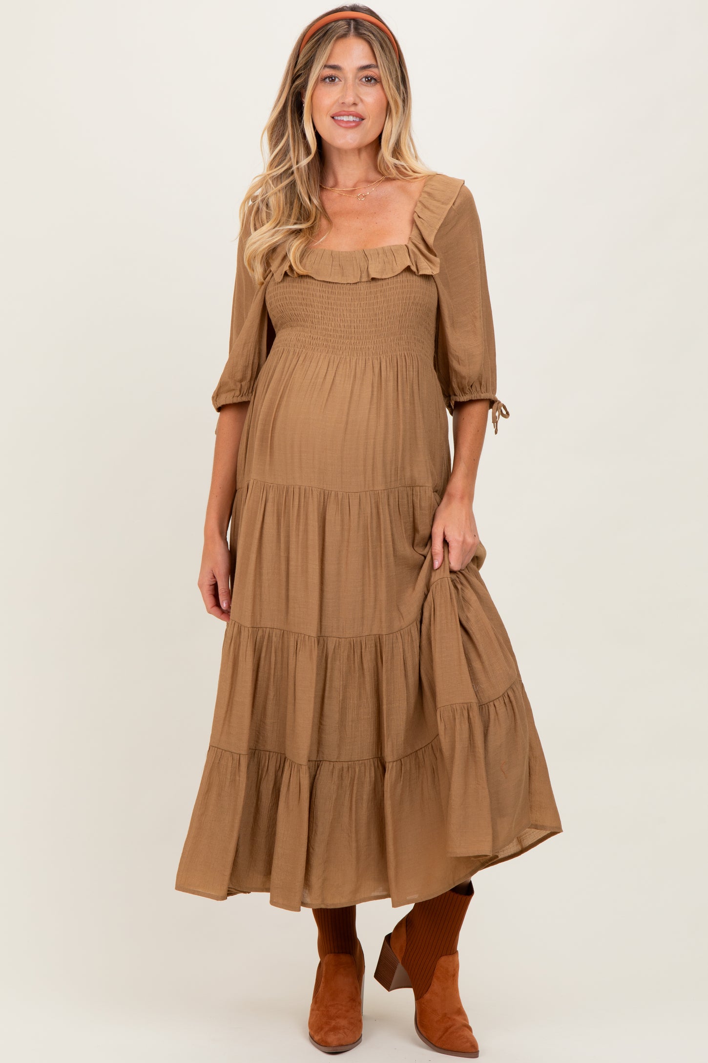 Mocha Smocked Ruffle Detail Tiered Maternity Midi Dress