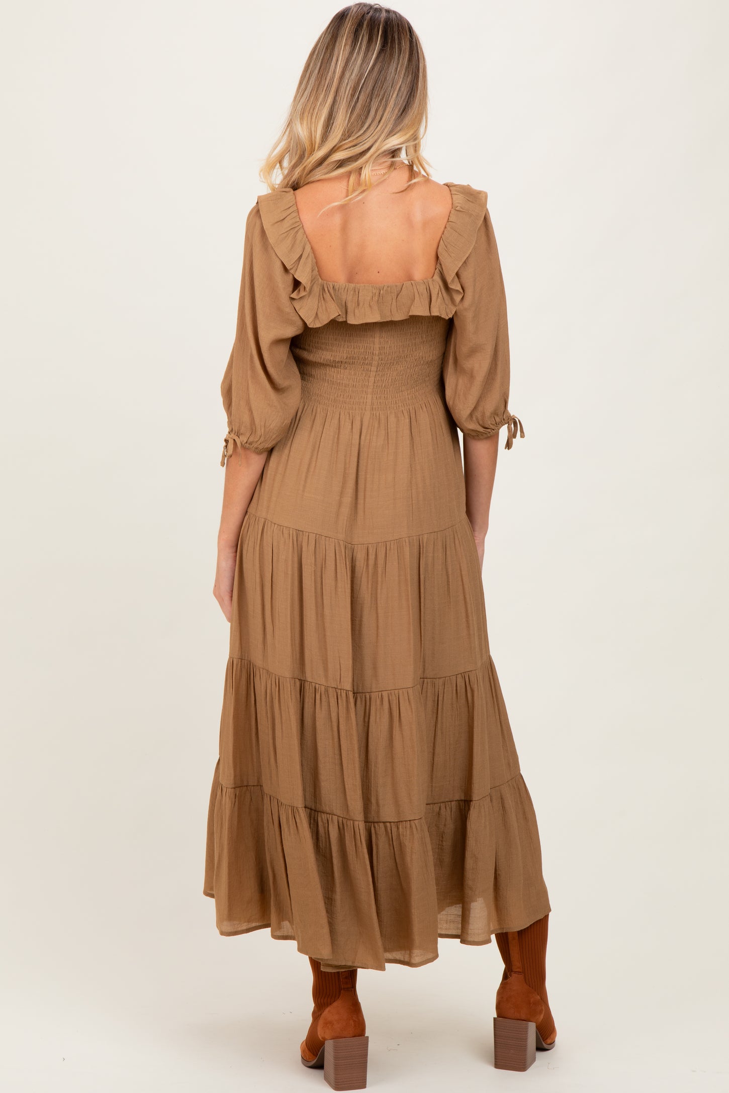 Mocha Smocked Ruffle Detail Tiered Maternity Midi Dress