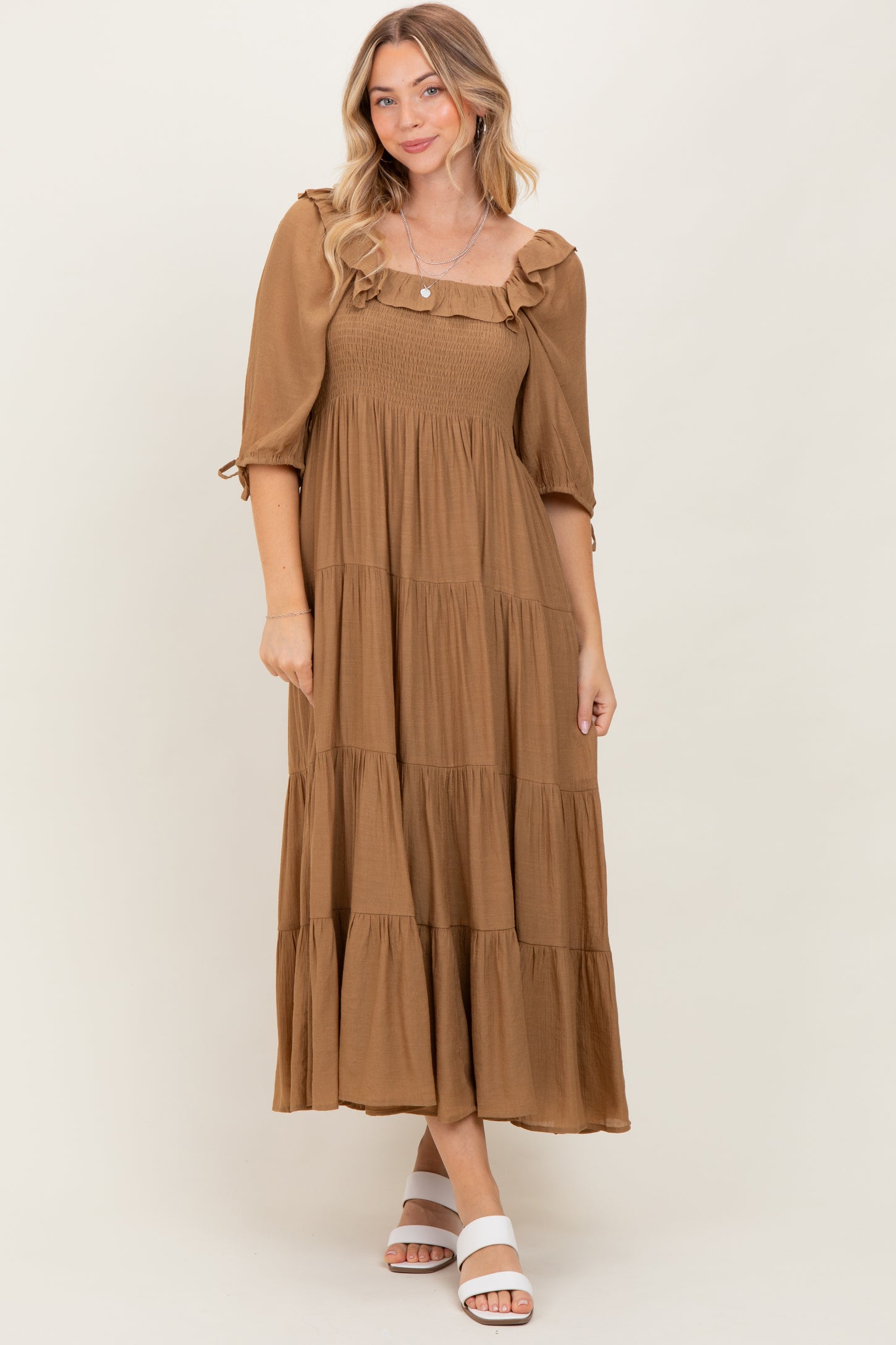 Mocha Smocked Ruffle Detail Tiered Midi Dress