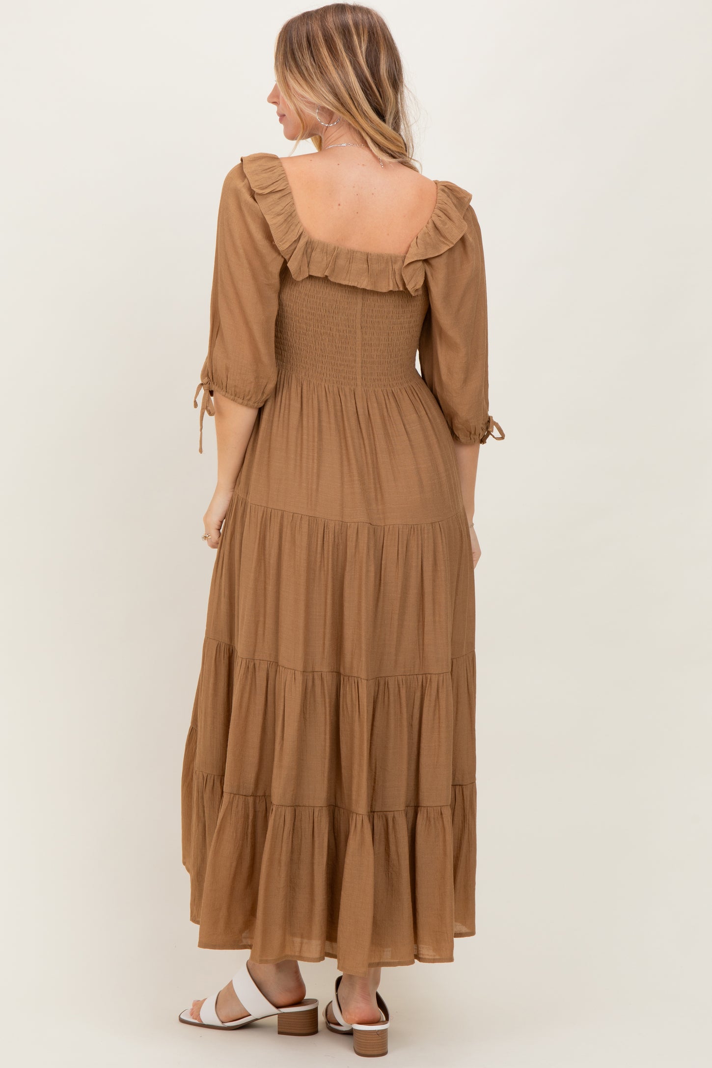 Mocha Smocked Ruffle Detail Tiered Midi Dress PinkBlush Mocha Smocked Ruffle Detail Tiered Midi Dress PinkBlush