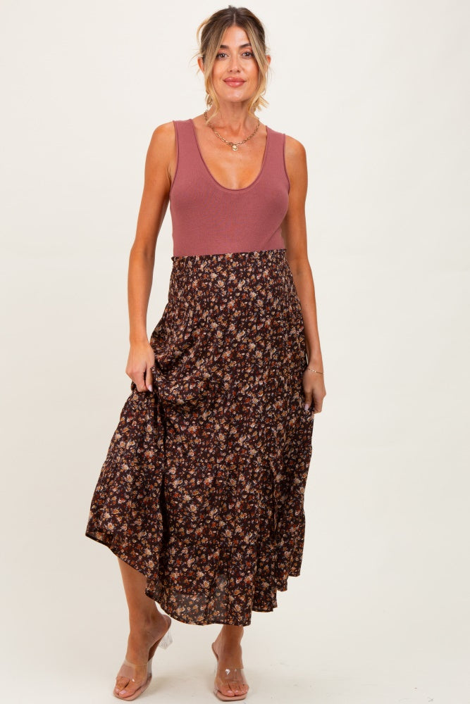 Brown Floral Smocked Waist Maternity Maxi Skirt