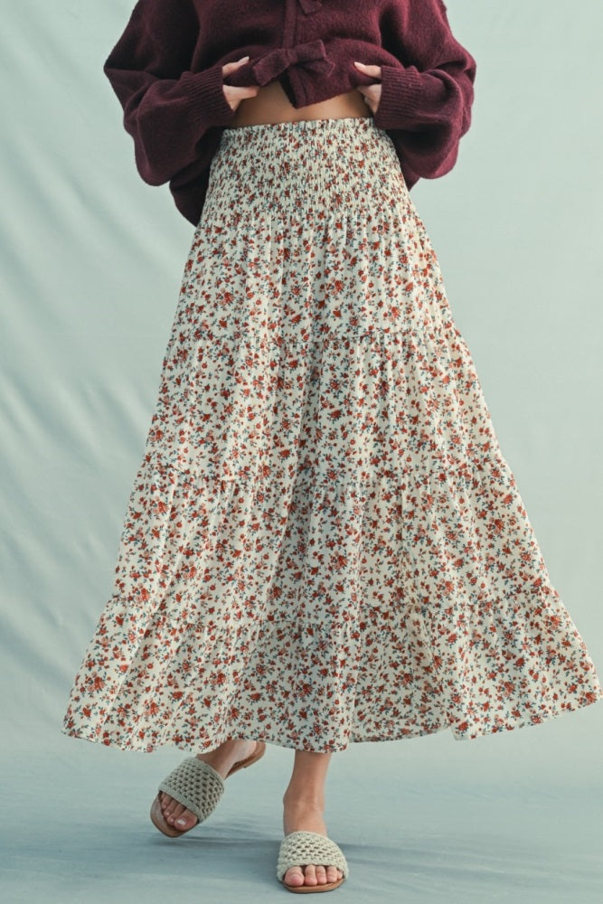 Ivory Floral Smocked Waist Maxi Skirt