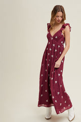 Wine Floral Embroidered V-Neck Maternity Midi Dress