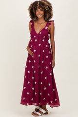Wine Floral Embroidered V-Neck Maternity Midi Dress