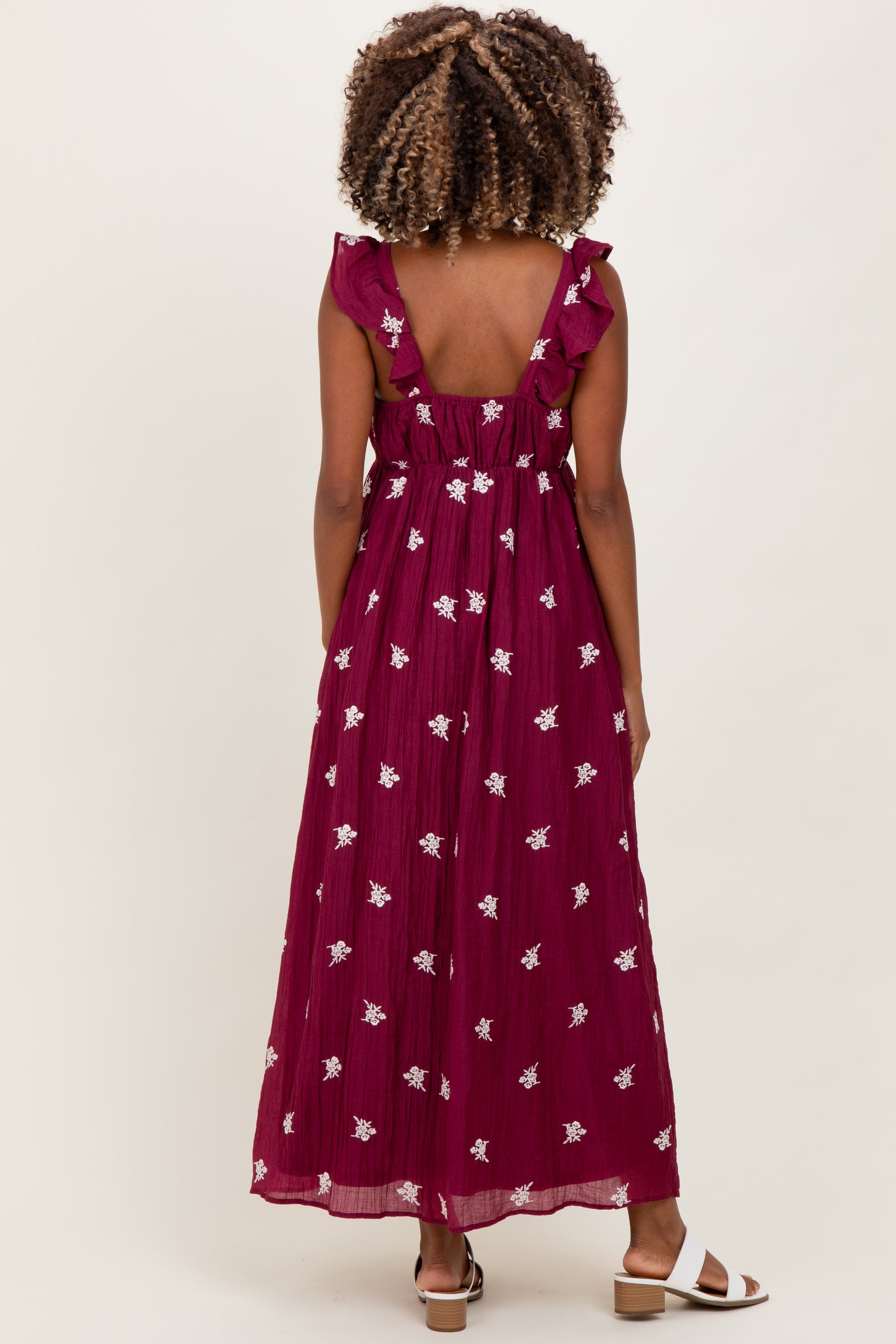 Wine Floral Embroidered V-Neck Maternity Midi Dress