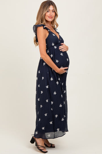 Navy Floral Embroidered V-Neck Maternity Midi Dress