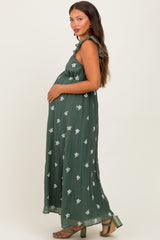 Forest Green Floral Embroidered V-Neck Maternity Midi Dress