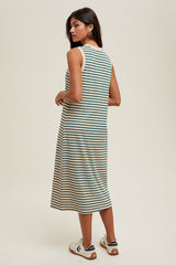 Deep Teal Striped Ribbed Knit Sleeveless Midi Dress