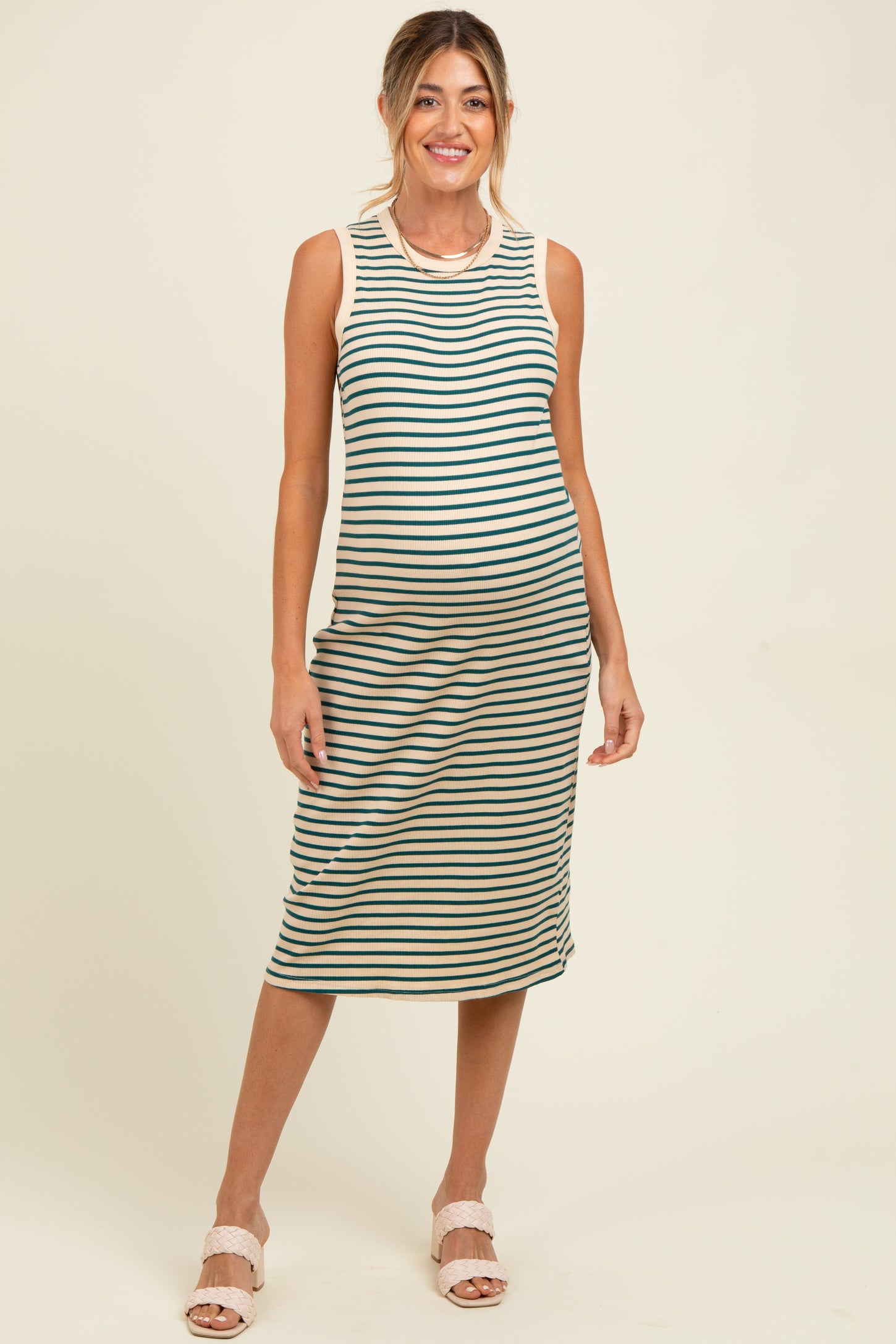 Deep Teal Striped Ribbed Knit Sleeveless Maternity Midi Dress
