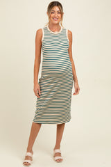 Deep Teal Striped Ribbed Knit Sleeveless Maternity Midi Dress