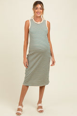Deep Teal Striped Ribbed Knit Sleeveless Maternity Midi Dress