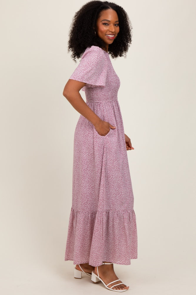 Mauve Floral Smocked Midi Dress