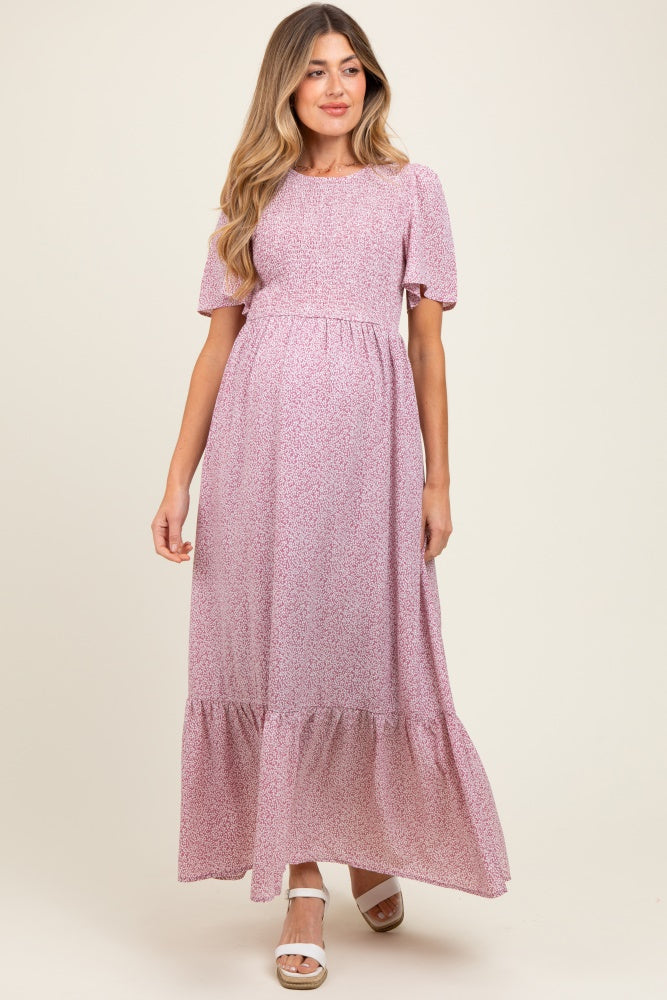 Mauve Floral Smocked Maternity Midi Dress