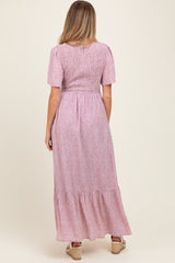 Mauve Floral Smocked Maternity Midi Dress