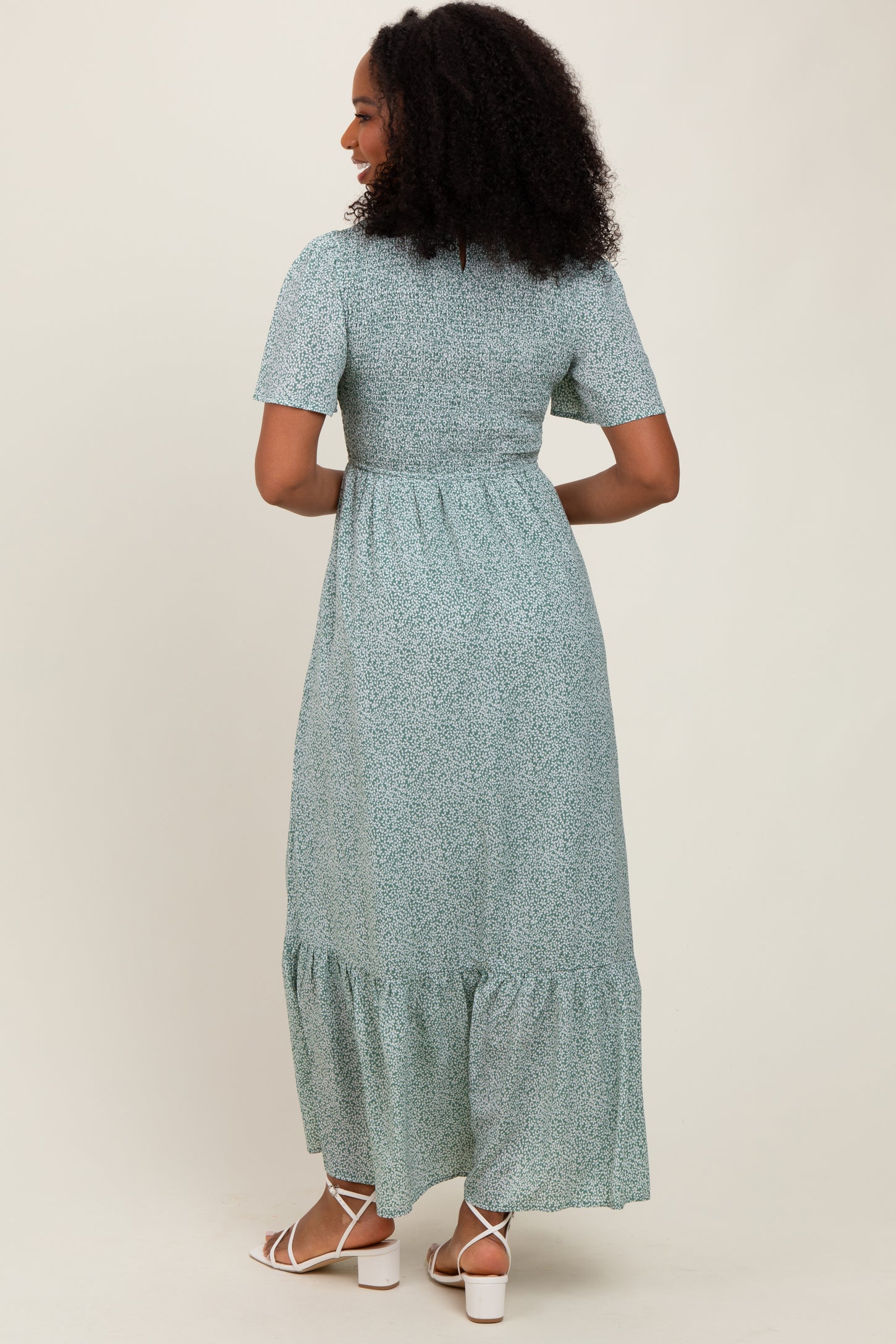 Light Olive Floral Smocked Midi Dress