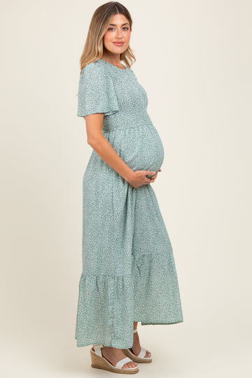 Light Olive Floral Smocked Maternity Midi Dress