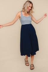 Navy Striped Fit And Flare Sleeveless Maternity Midi Dress