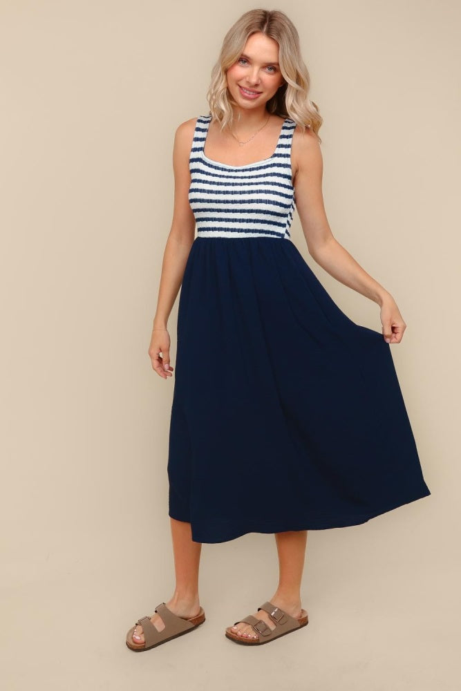 Navy Striped Fit And Flare Sleeveless Midi Dress