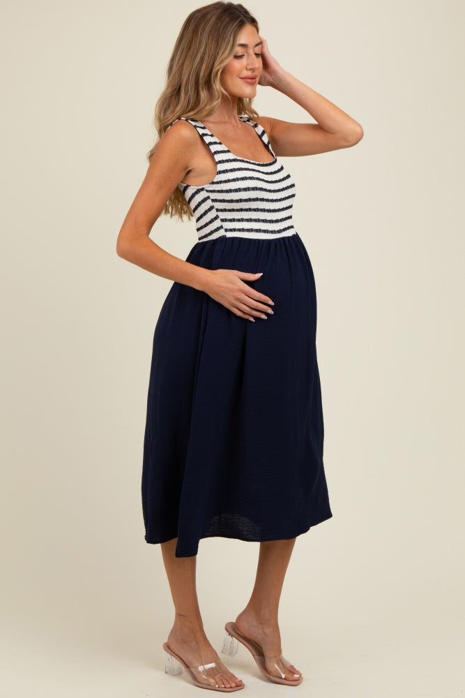 Navy Striped Fit And Flare Sleeveless Maternity Midi Dress
