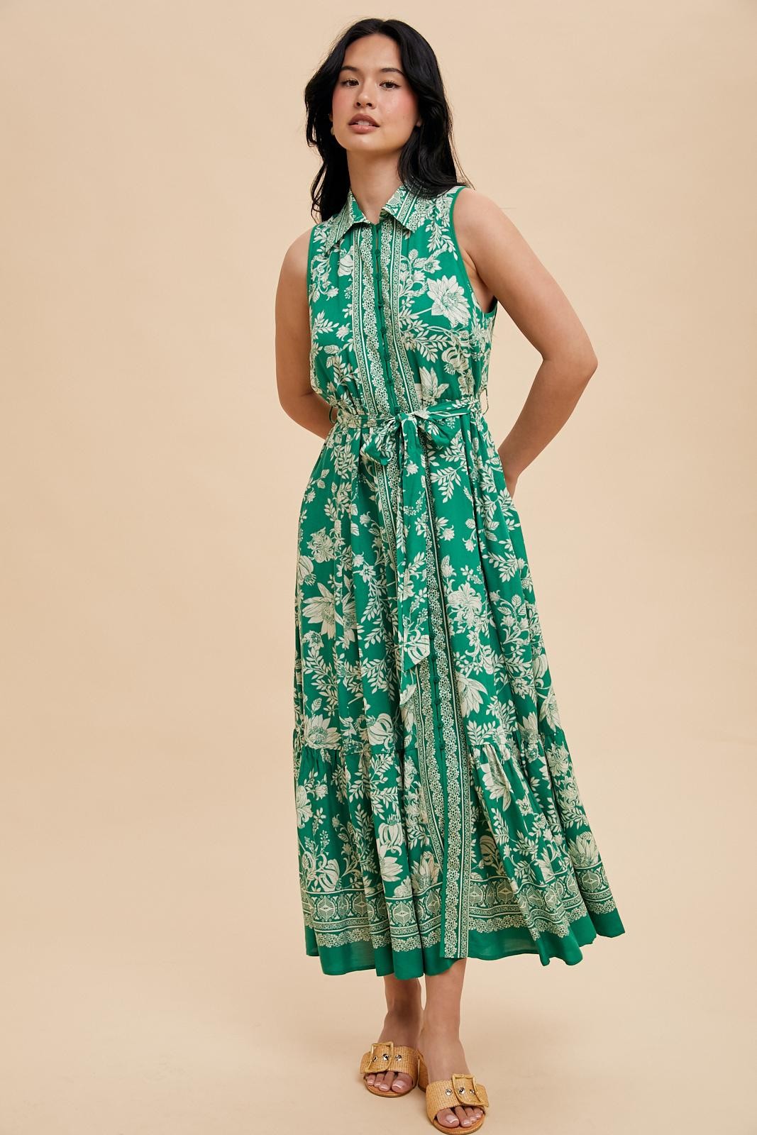 Green Floral Border Print Lapel Button Down Maxi Dress