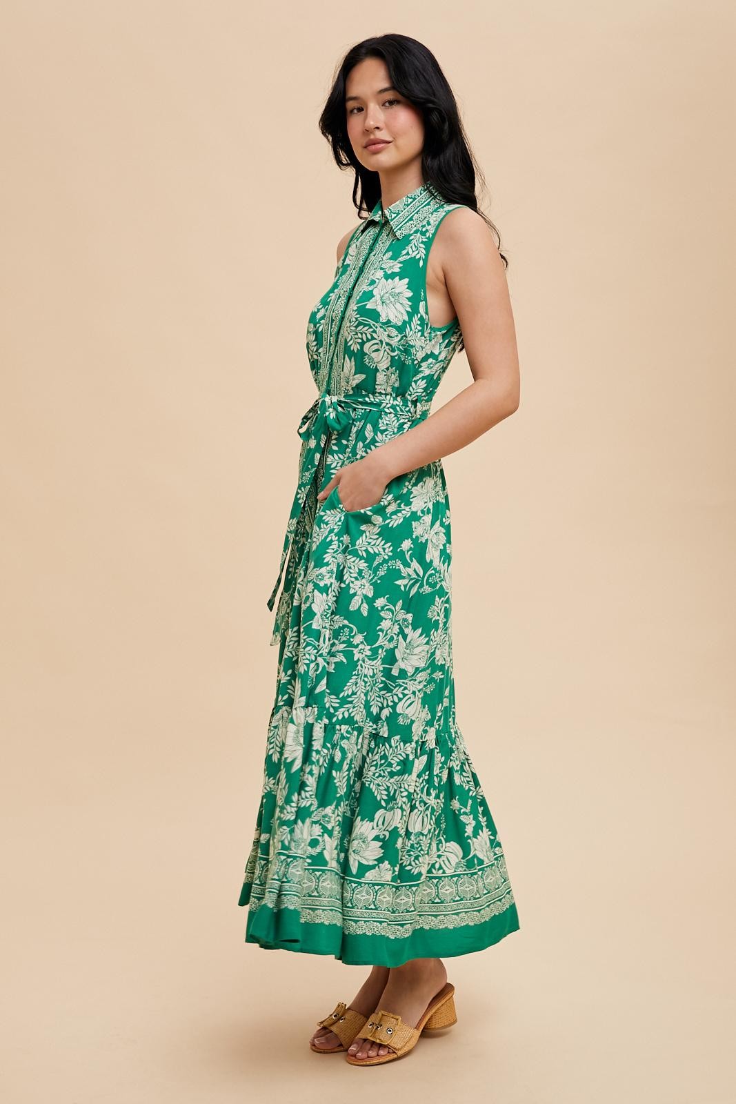 Green Floral Border Print Lapel Button Down Maxi Dress
