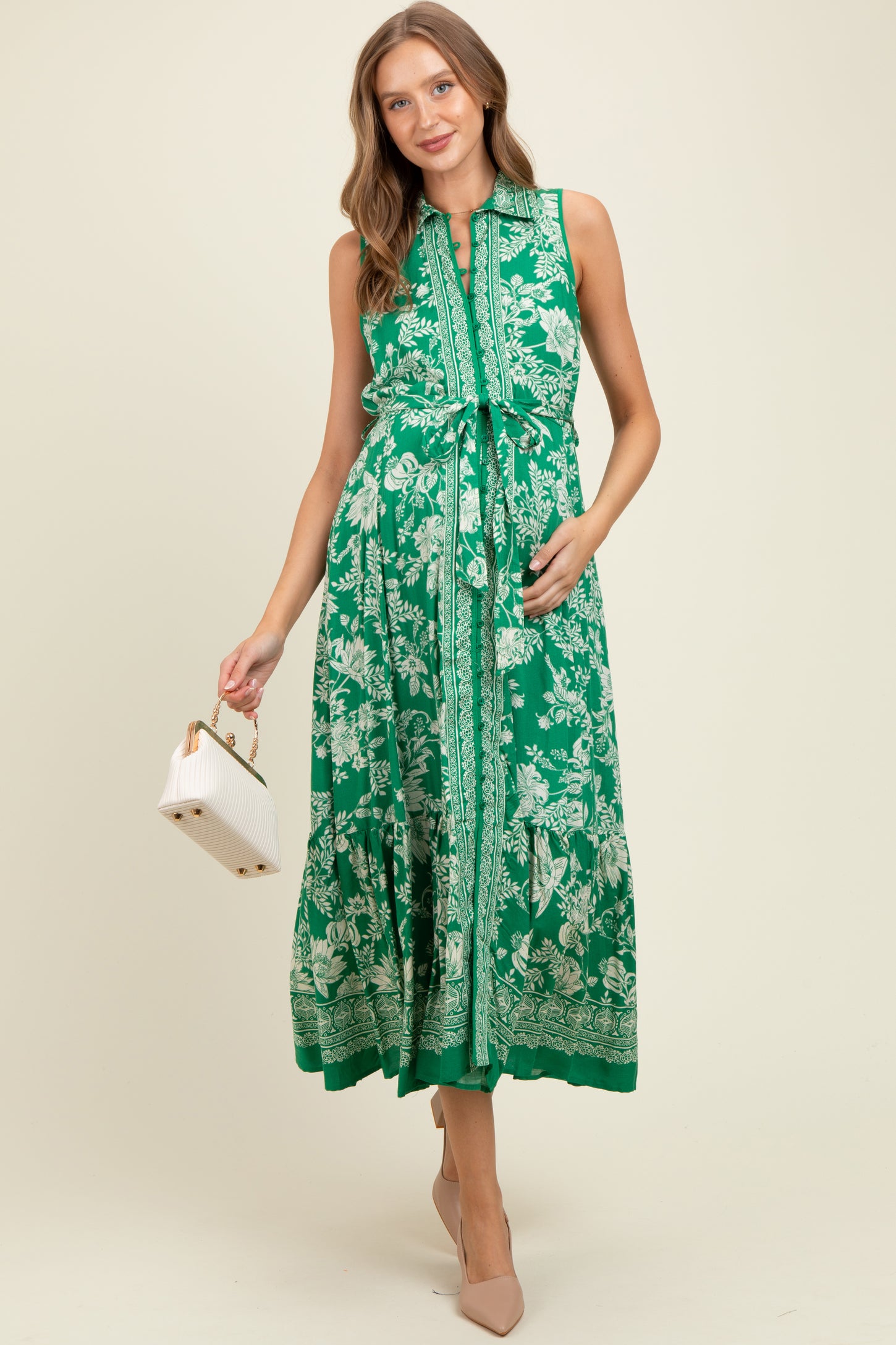 Green Floral Border Print Lapel Button Down Maternity Maxi Dress
