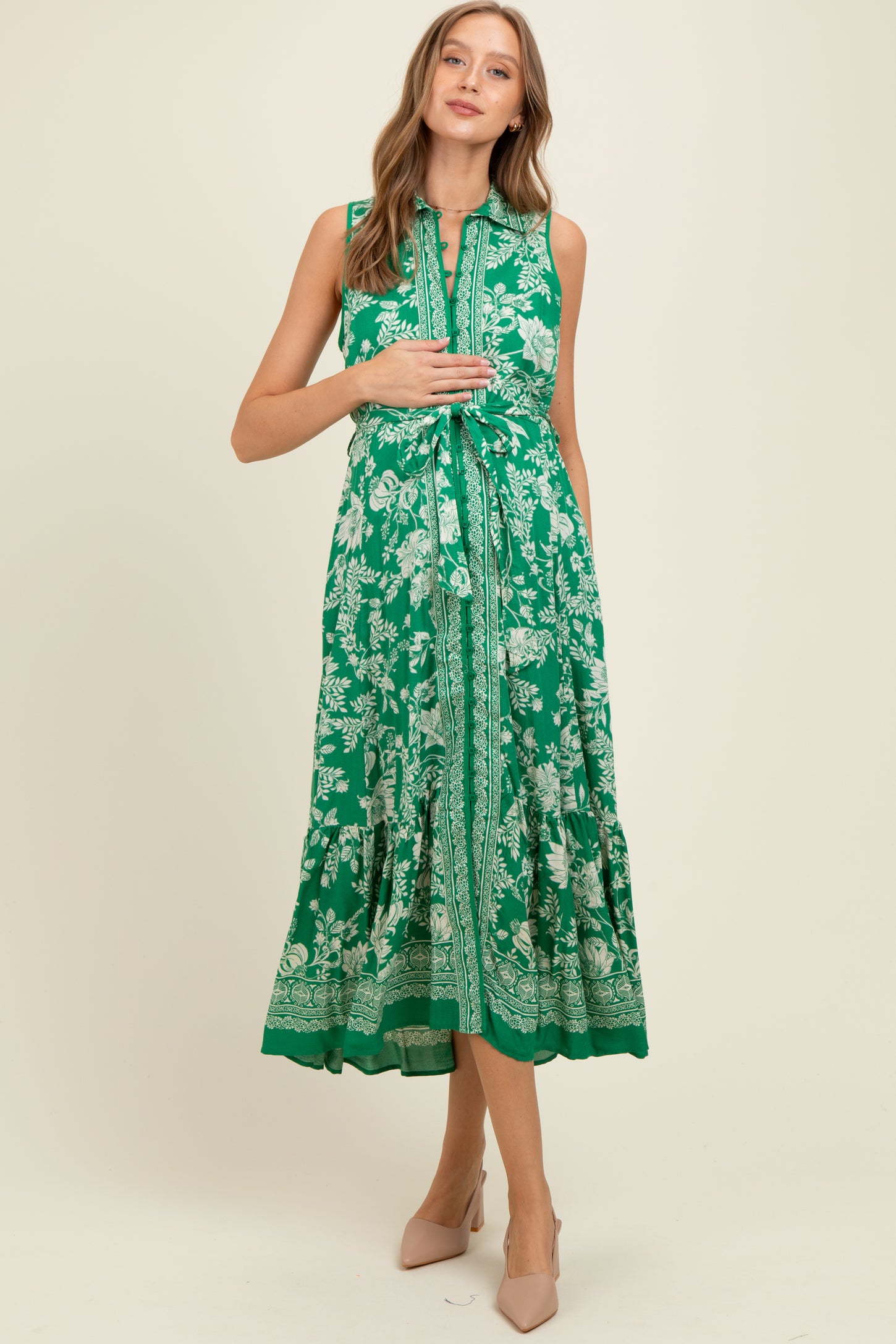 Green Floral Border Print Lapel Button Down Maternity Maxi Dress PinkBlush Green Floral Border Print Lapel Button Down Maternity Maxi Dress PinkBlush