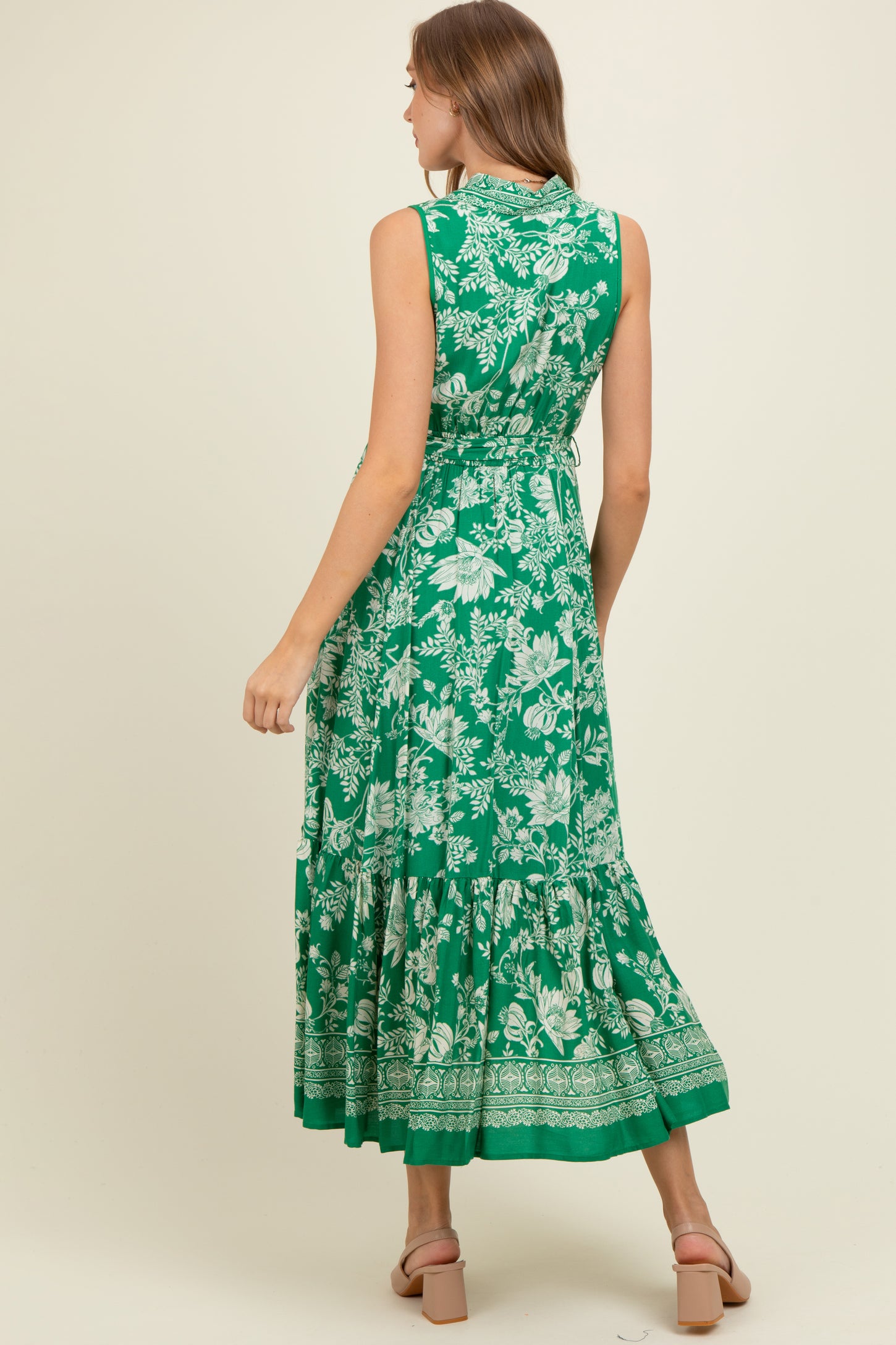 Green Floral Border Print Lapel Button Down Maternity Maxi Dress PinkBlush Green Floral Border Print Lapel Button Down Maternity Maxi Dress PinkBlush
