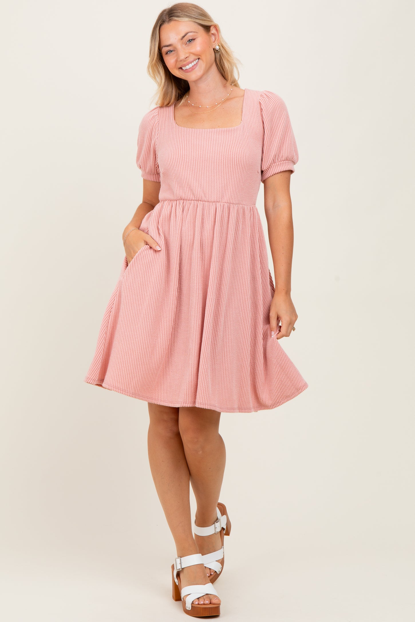 pink square neck puff sleeve dress Pink Square Neck Puff Sleeve Milkmaid Dress