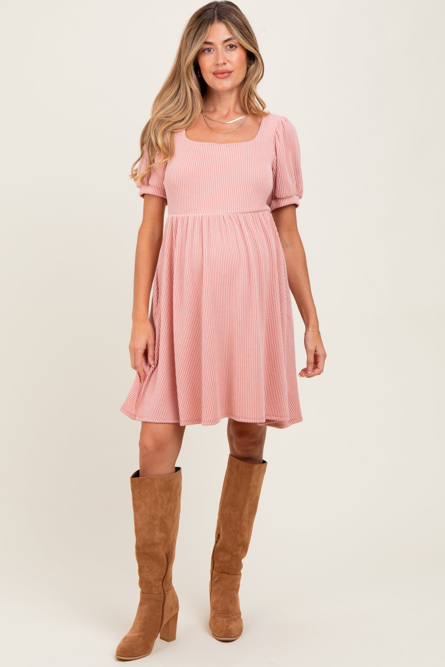 Mauve Square Neck Puff Sleeve Rib Babydoll Maternity Dress