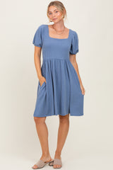 Blue Square Neck Puff Sleeve Rib Babydoll Dress
