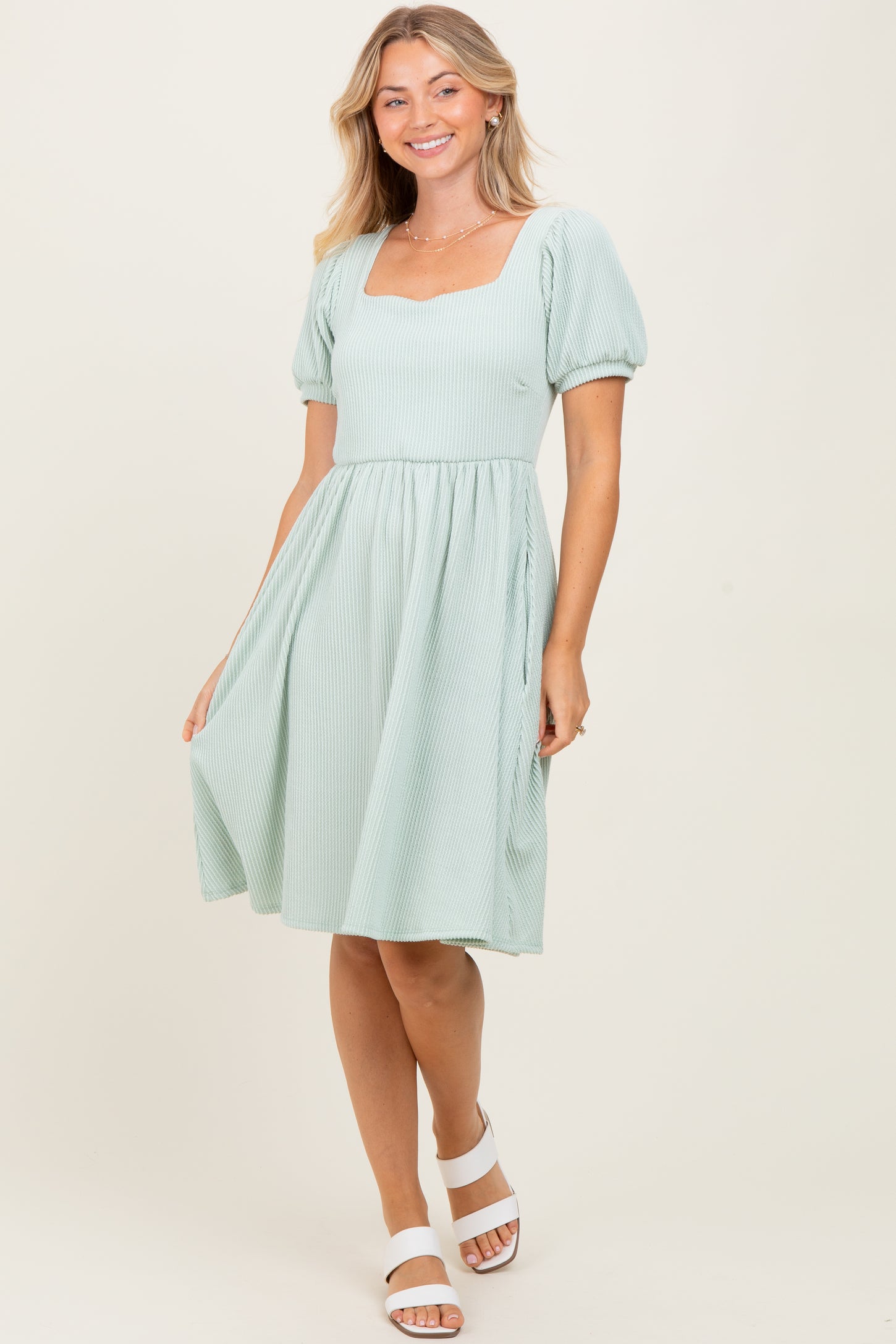 Sage Square Neck Puff Sleeve Rib Babydoll Dress