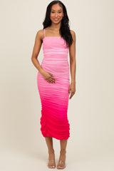 Pink Mesh Ombre Ruched Midi Dress