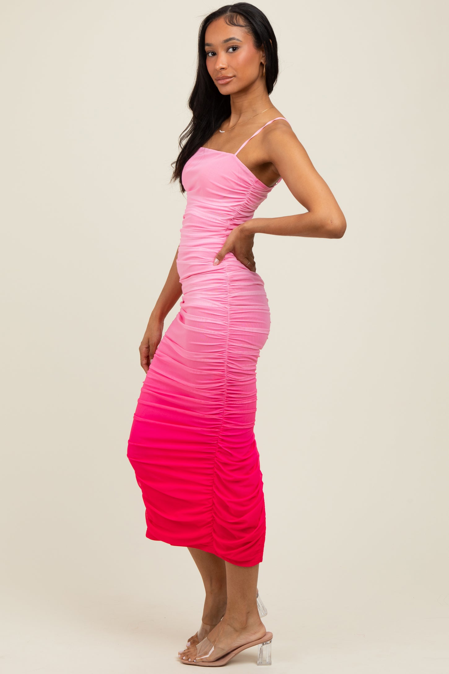 Pink Mesh Ombre Ruched Midi Dress