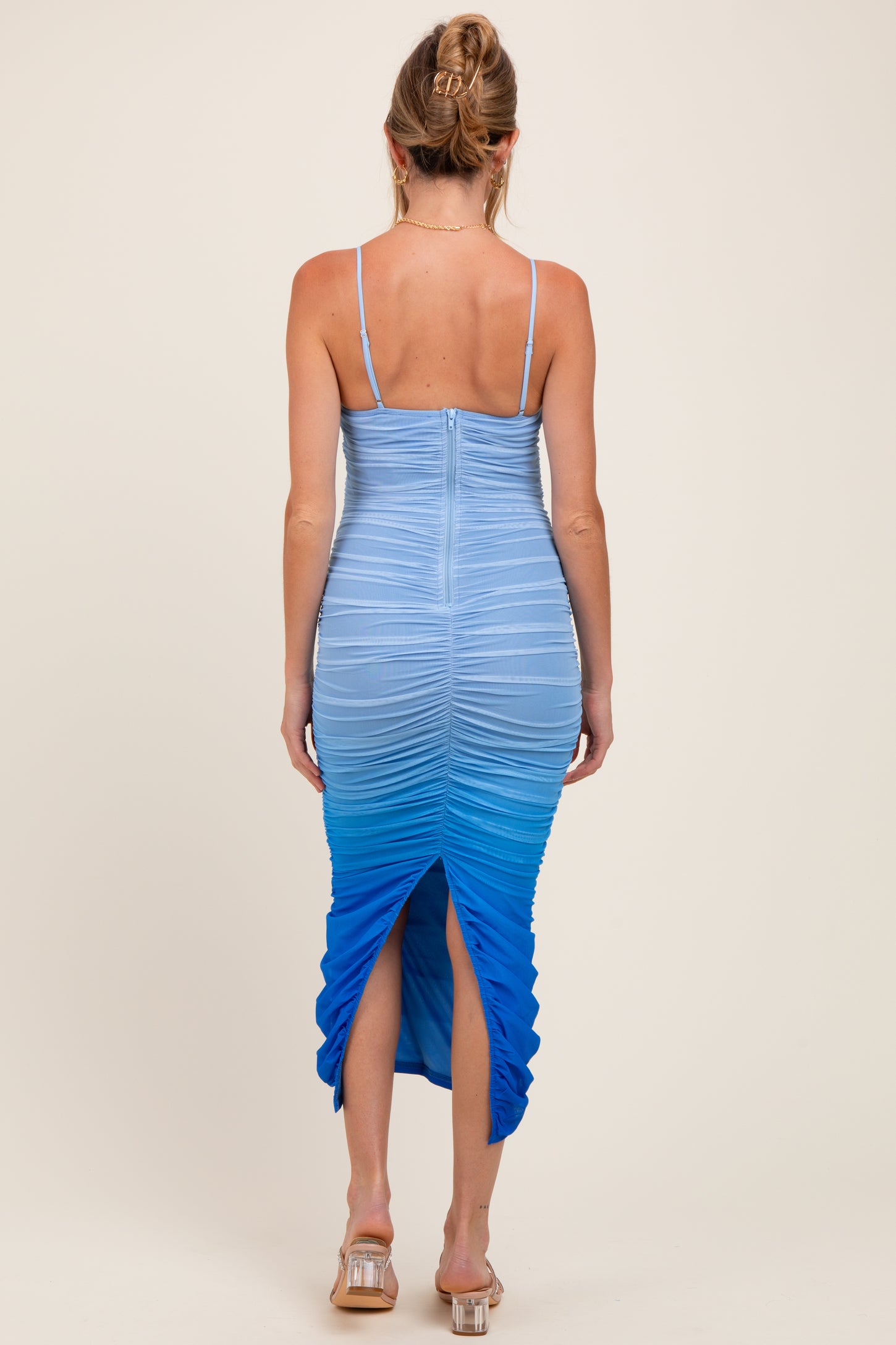Blue Mesh Ombre Ruched Maternity Midi Dress – PinkBlush