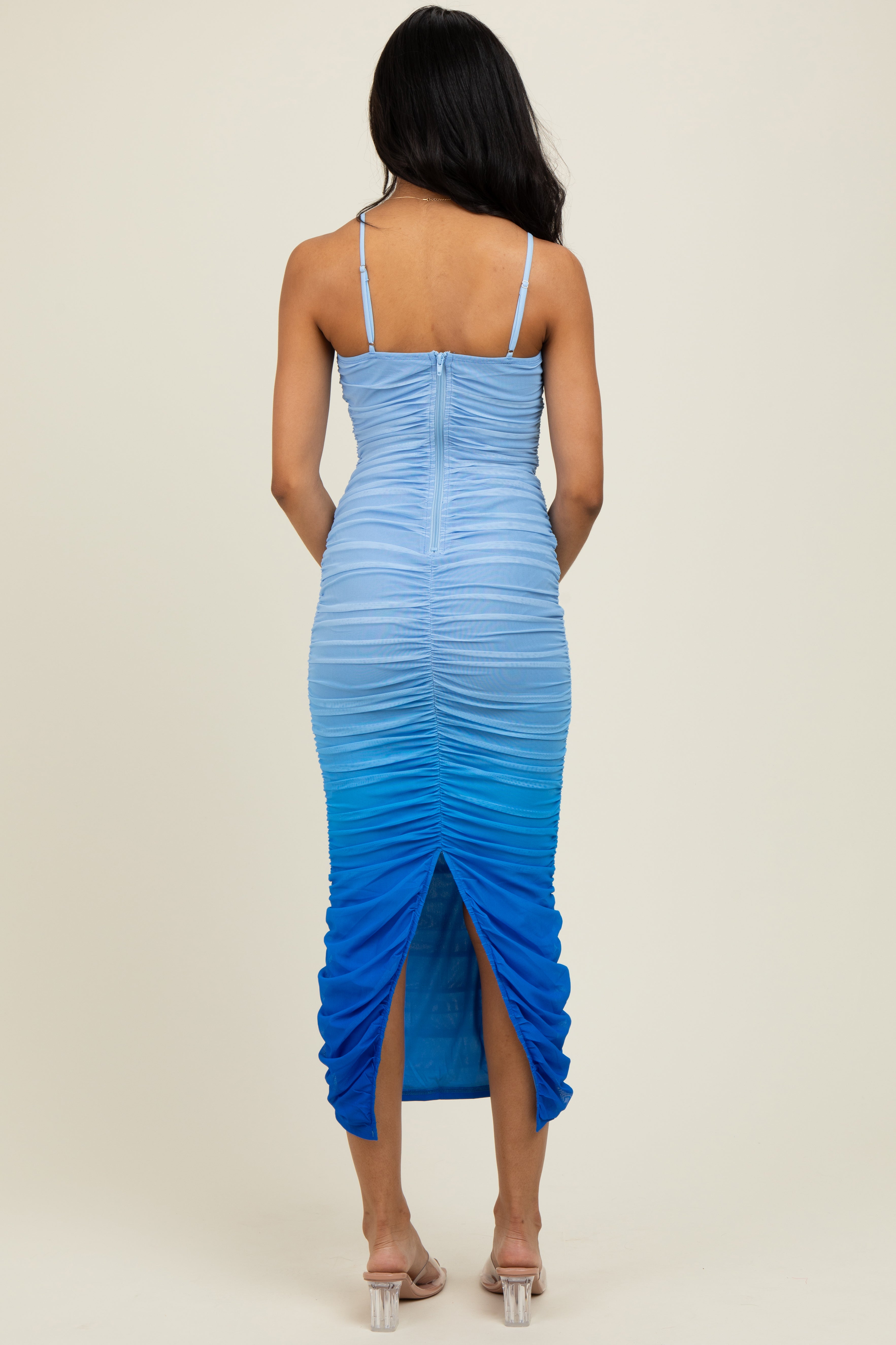 Blue Mesh Ombre Ruched Midi Dress – PinkBlush
