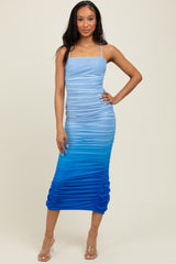 Blue Mesh Ombre Ruched Midi Dress