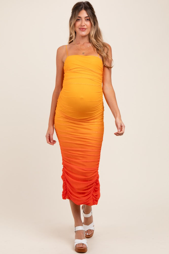 Orange Mesh Ombre Ruched Maternity Midi Dress Orange Mesh Ombre Ruched Maternity Midi Dress