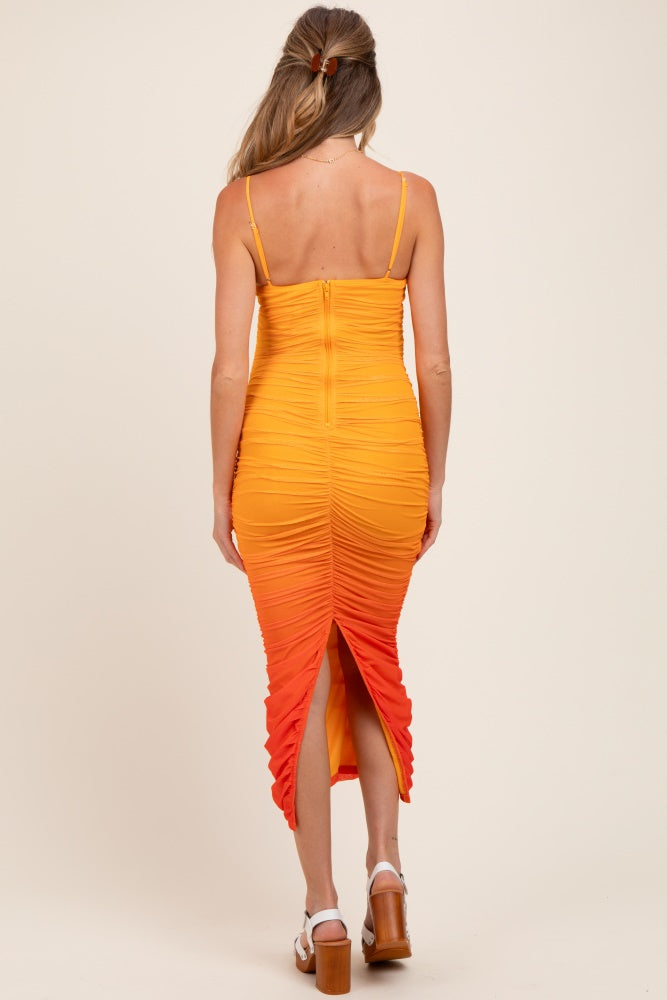 Orange Mesh Ombre Ruched Maternity Midi Dress Orange Mesh Ombre Ruched Maternity Midi Dress