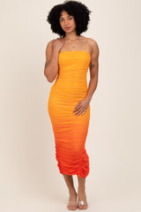 Orange Mesh Ombre Ruched Midi Dress