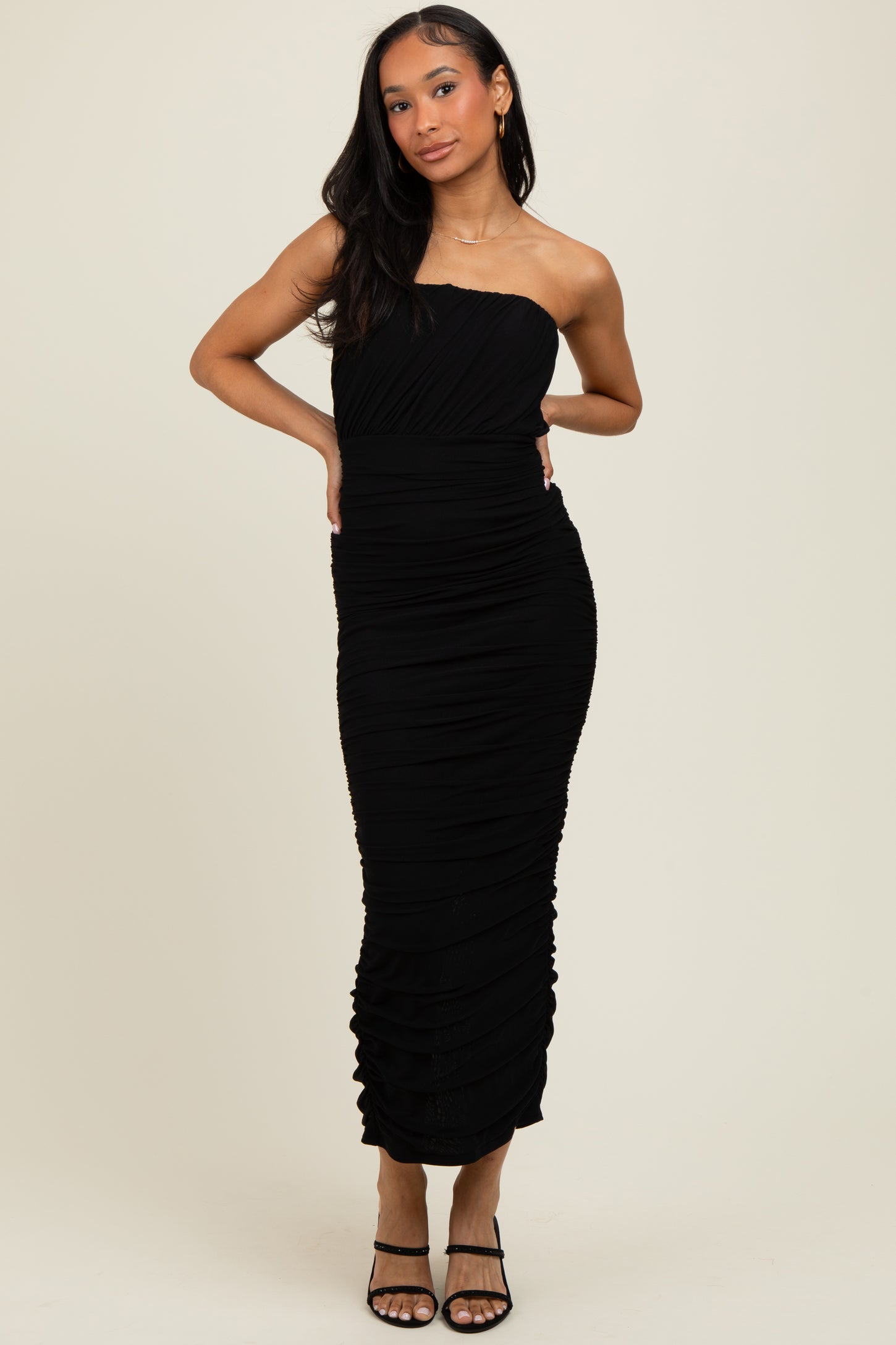 maternity strapless dress Black Mesh Strapless Ruched Maternity Dress
